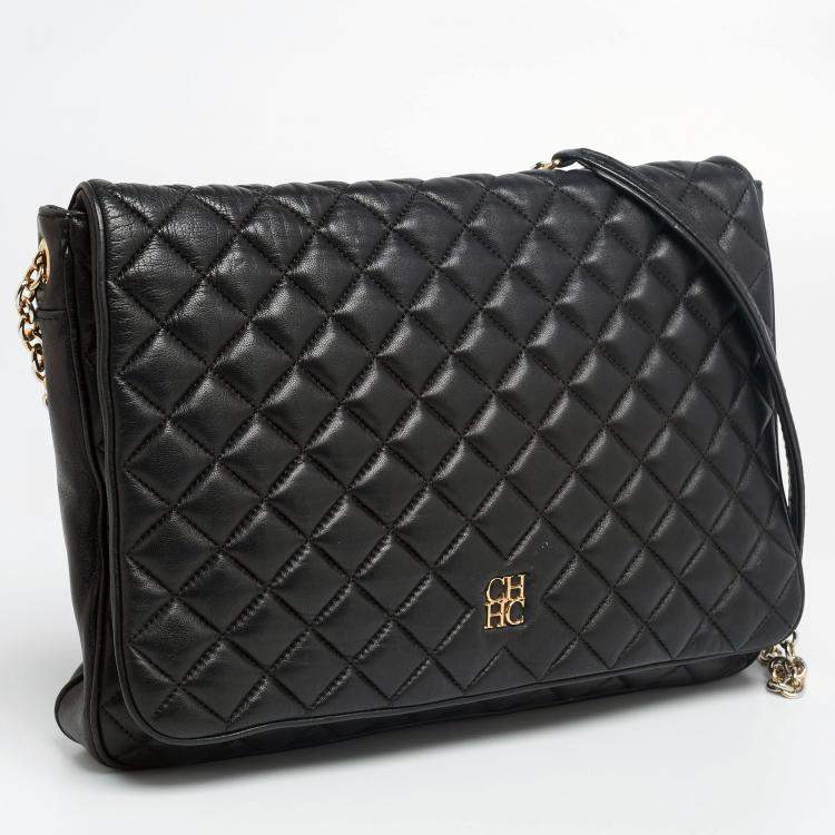 Pre Owned Carolina Herrera Black Quilted Leather Flap Chain Shoulder Bag