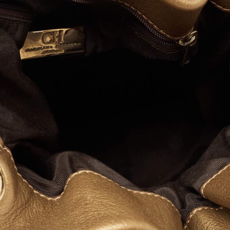 Pre Owned Carolina Herrera Metallic Bronze Embossed Leather Bow Bucket Shoulder Bag