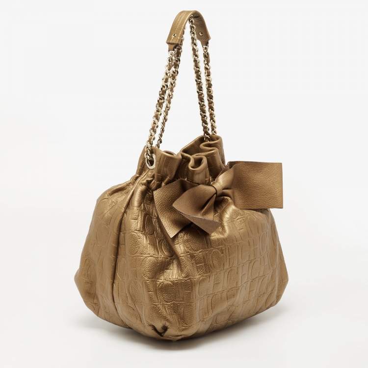 Pre Owned Carolina Herrera Metallic Bronze Embossed Leather Bow Bucket Shoulder Bag