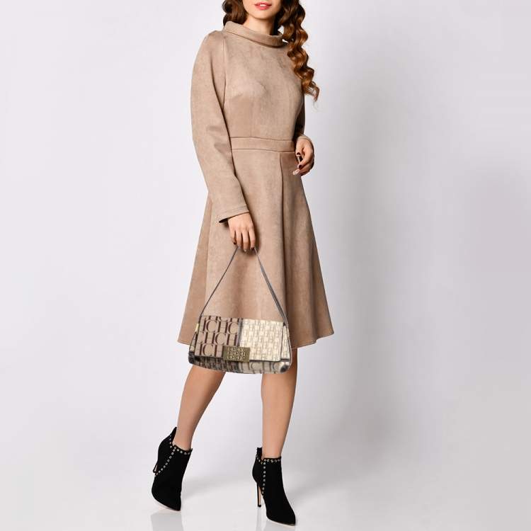 Pre Owned Carolina Herrera Brown/Beige Monogram Canvas and Leather Shoulder Bag