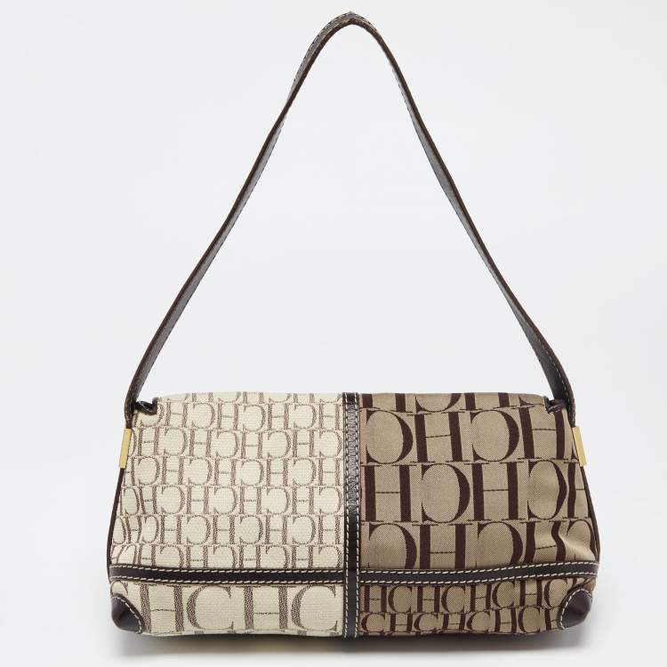 Pre Owned Carolina Herrera Brown/Beige Monogram Canvas and Leather Shoulder Bag