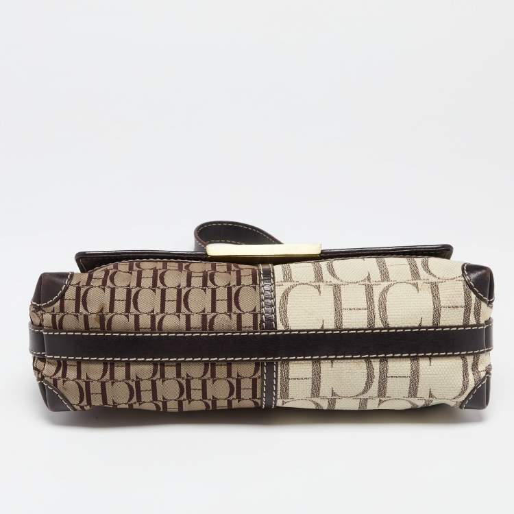 Pre Owned Carolina Herrera Brown/Beige Monogram Canvas and Leather Shoulder Bag