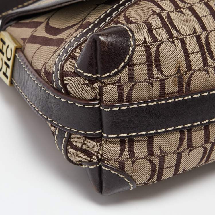 Pre Owned Carolina Herrera Brown/Beige Monogram Canvas and Leather Shoulder Bag