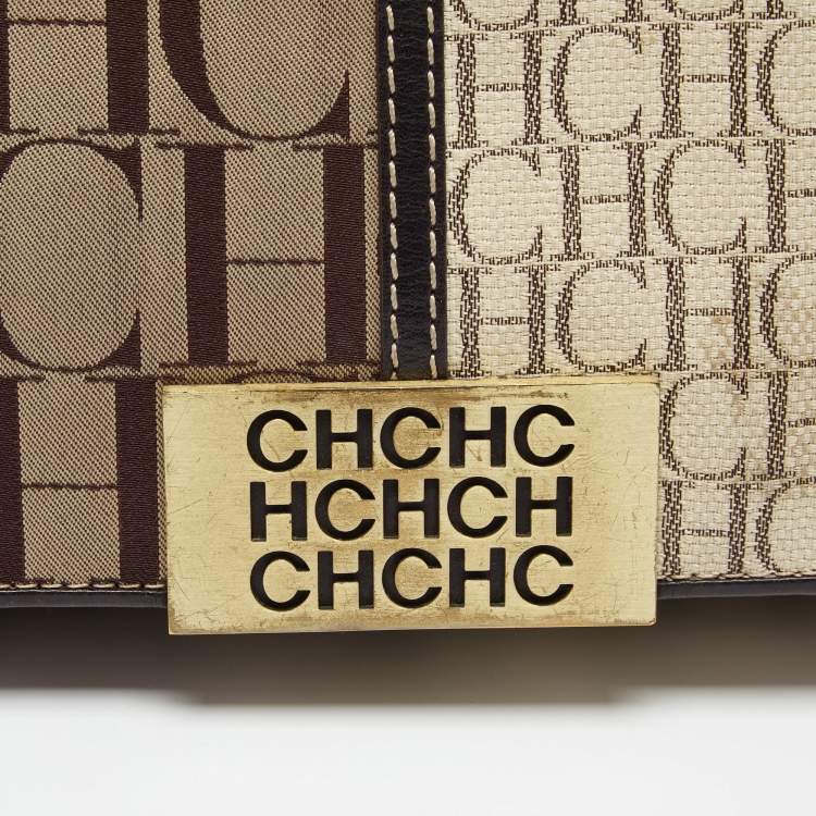 Pre Owned Carolina Herrera Brown/Beige Monogram Canvas and Leather Shoulder Bag
