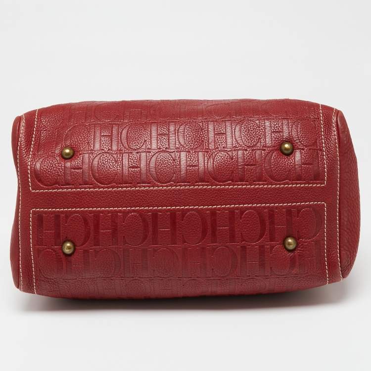 Pre Owned Carolina Herrera Red Monogram Embossed Leather Large Andy Boston Bag