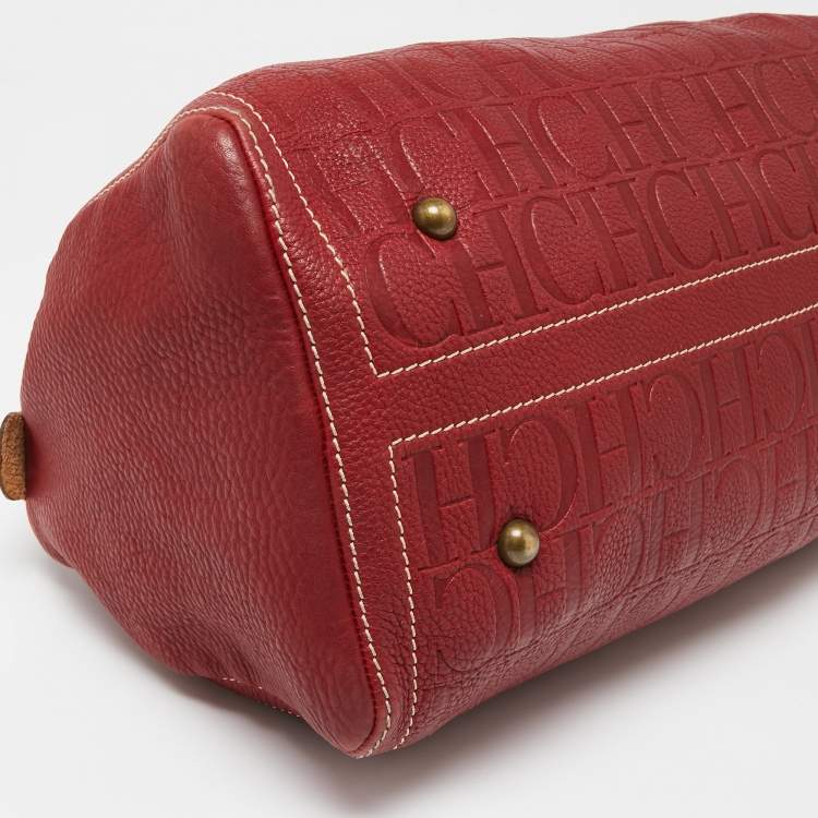 Pre Owned Carolina Herrera Red Monogram Embossed Leather Large Andy Boston Bag