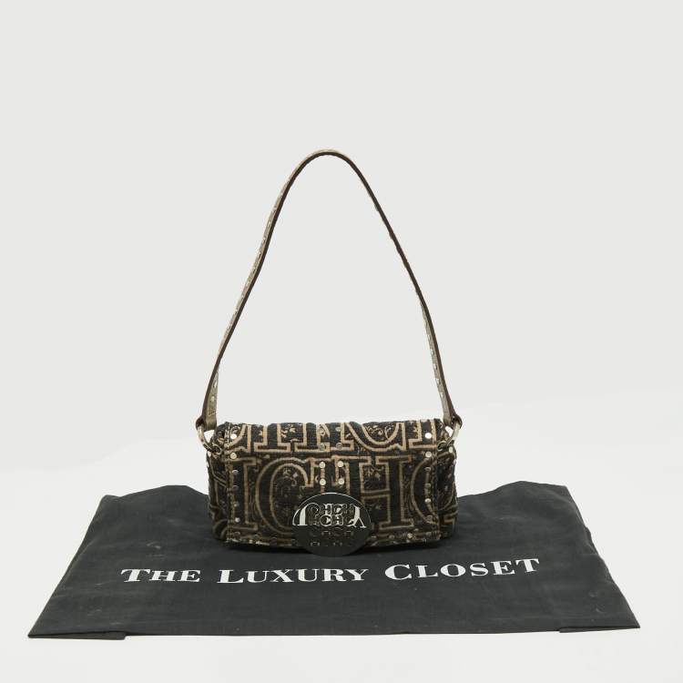 Pre Owned CH Carolina Herrera Black/Beige Embroidered Canvas Monogram Baguette Bag