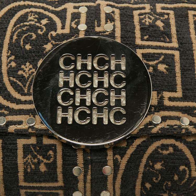 Pre Owned CH Carolina Herrera Black/Beige Embroidered Canvas Monogram Baguette Bag