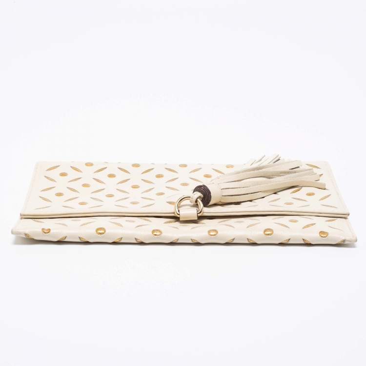 Pre Owned Carolina Herrera Off White/Gold Laser Cut Leather Tassel Clutch