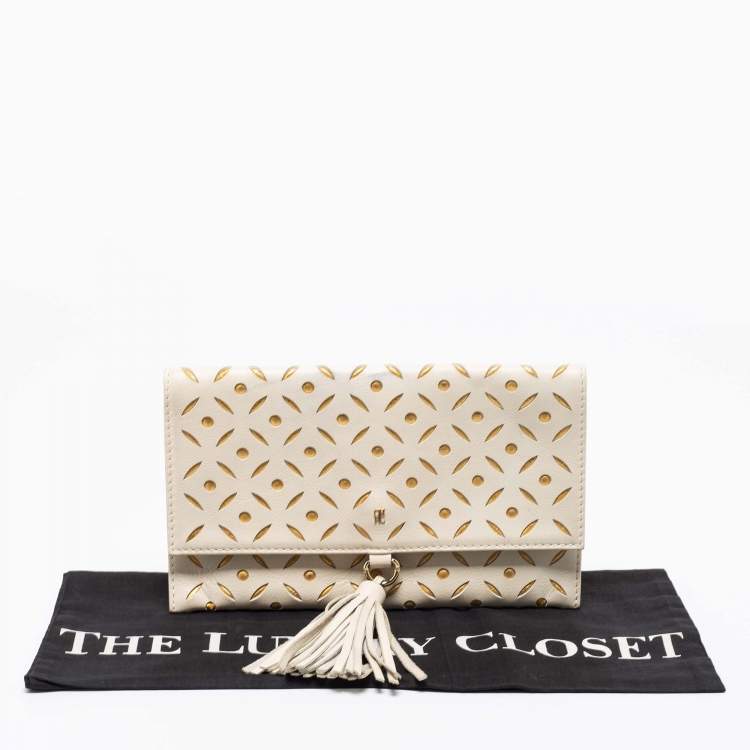 Pre Owned Carolina Herrera Off White/Gold Laser Cut Leather Tassel Clutch