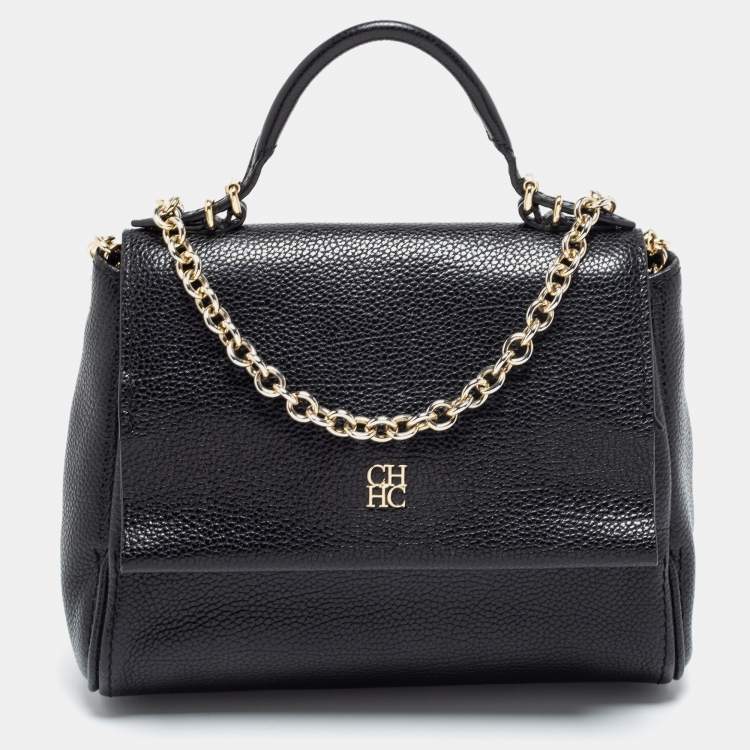 Pre Owned Carolina Herrera Black Leather Mini Minuetto Flap Top Handle Bag