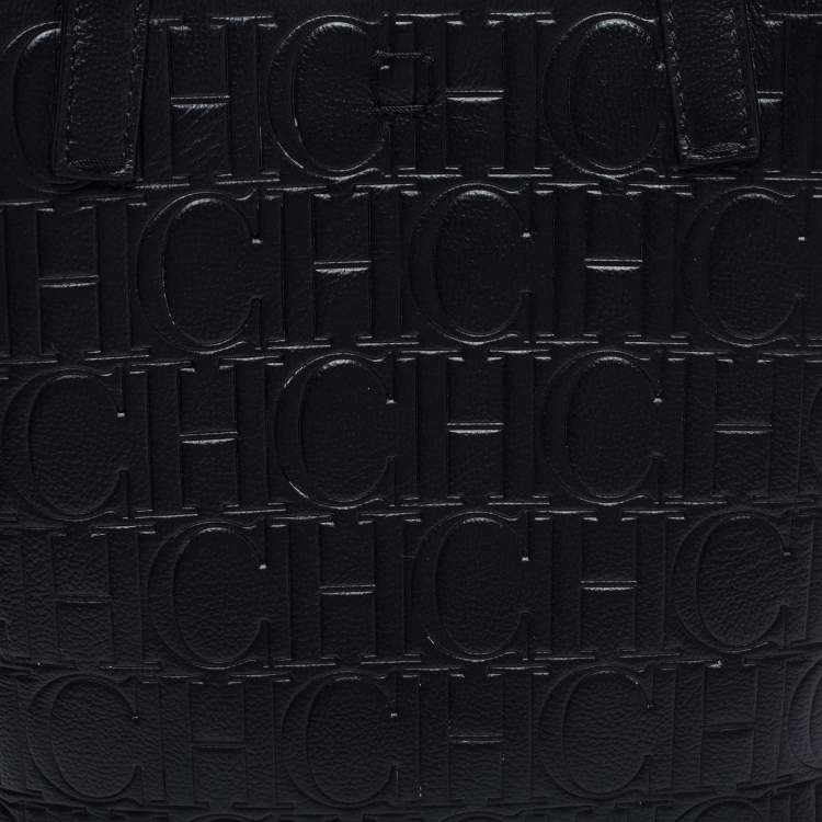 Pre Owned Carolina Herrera Black Monogram Embossed Leather Small Matryoshka Locked Tote