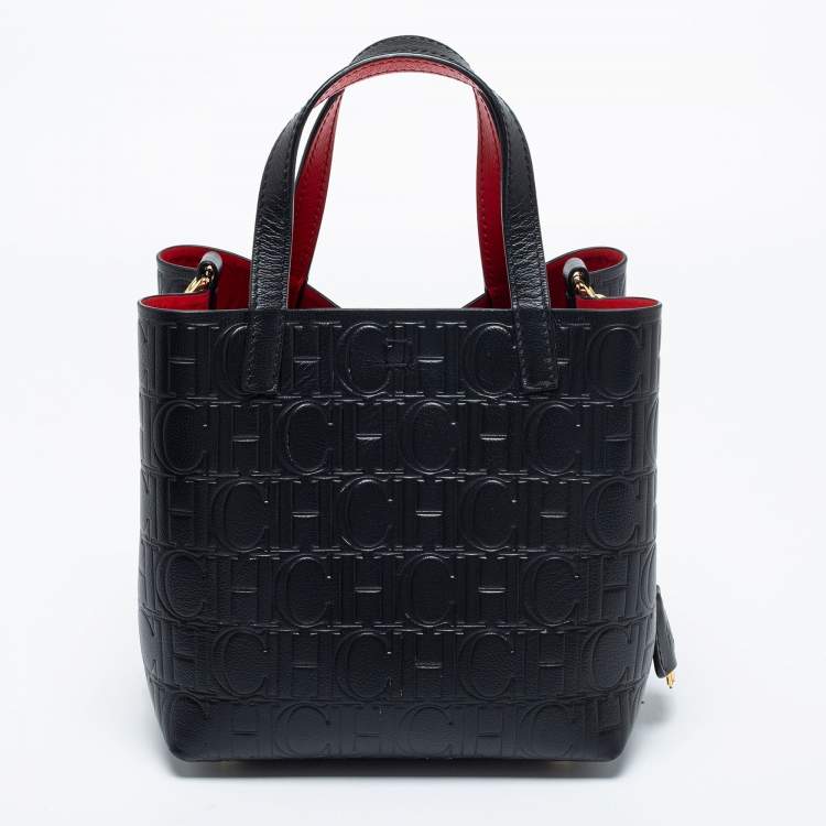 Pre Owned Carolina Herrera Black Monogram Embossed Leather Small Matryoshka Locked Tote