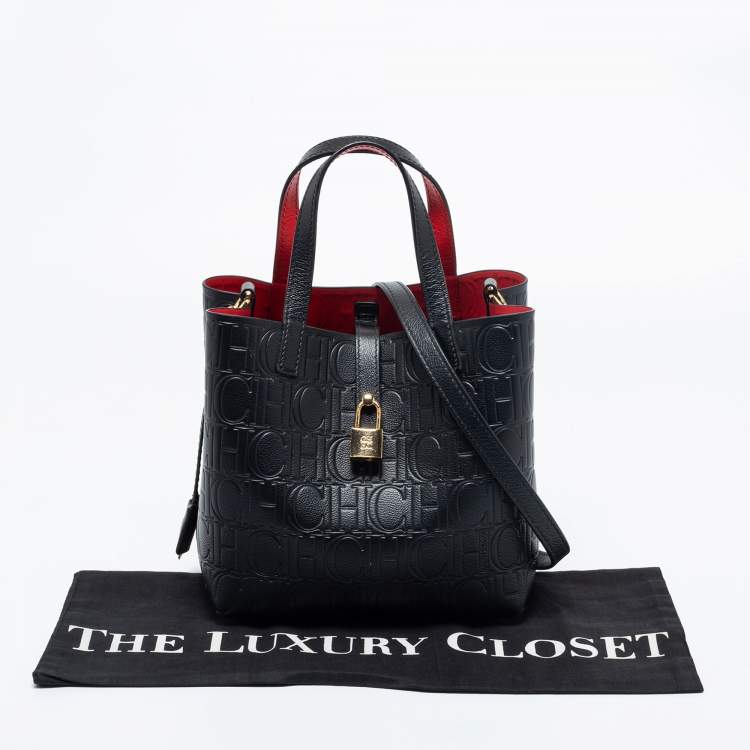 Pre Owned Carolina Herrera Black Monogram Embossed Leather Small Matryoshka Locked Tote