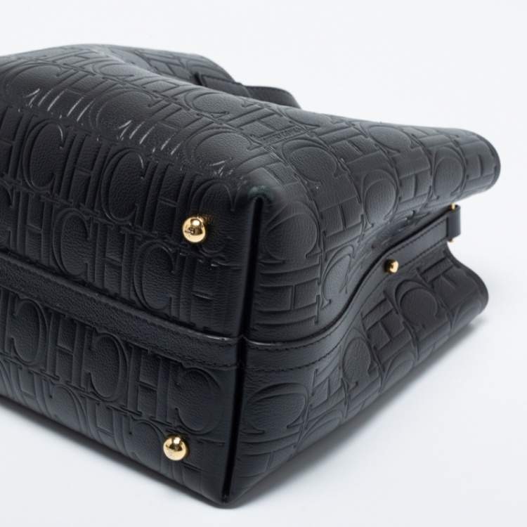 Pre Owned Carolina Herrera Black Monogram Embossed Leather Small Matryoshka Locked Tote