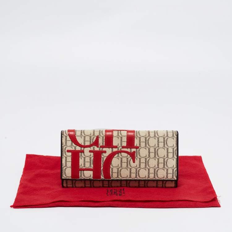 Pre Owned Carolina Herrera Beige/Red Caracas Canvas And Leather Trifold Wallet