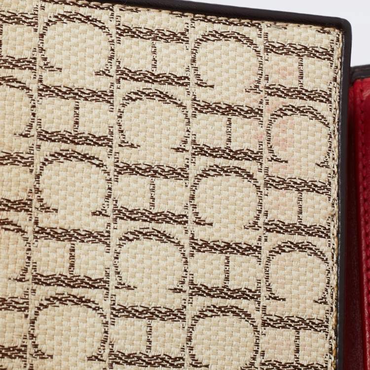 Pre Owned Carolina Herrera Beige/Red Caracas Canvas And Leather Trifold Wallet