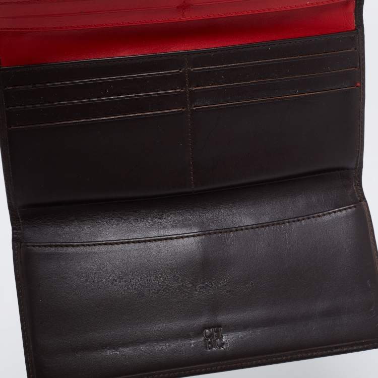 Pre Owned Carolina Herrera Beige/Red Caracas Canvas And Leather Trifold Wallet