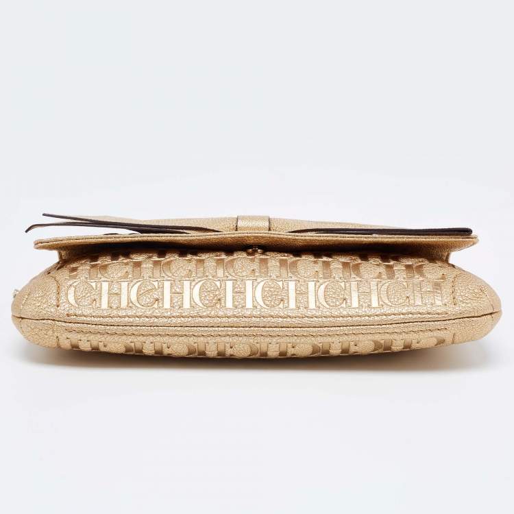 Pre Owned CH Caroline Herrera Gold Leather Bow Clutch