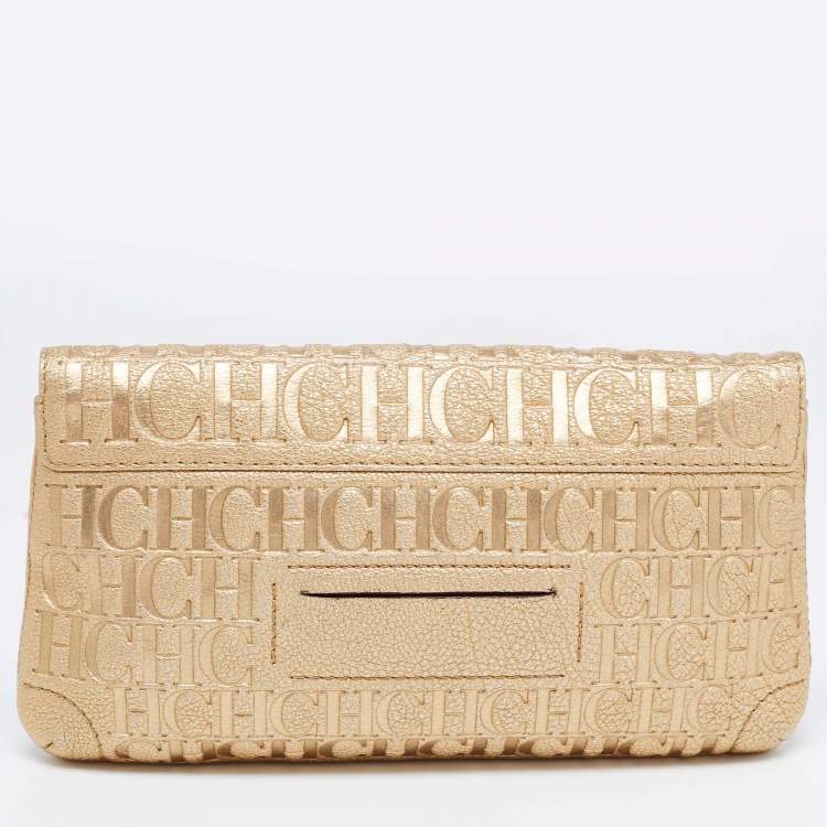 Pre Owned CH Caroline Herrera Gold Leather Bow Clutch