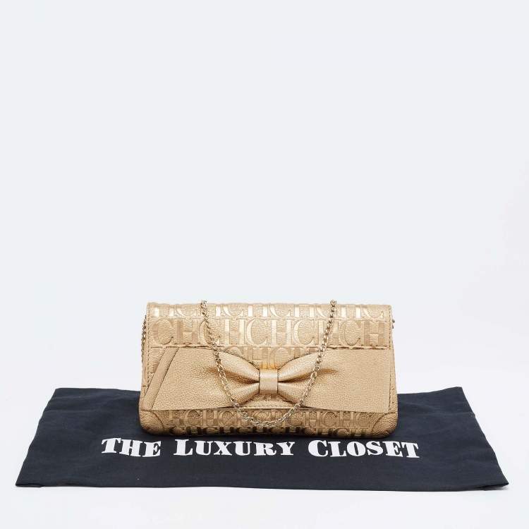 Pre Owned CH Caroline Herrera Gold Leather Bow Clutch