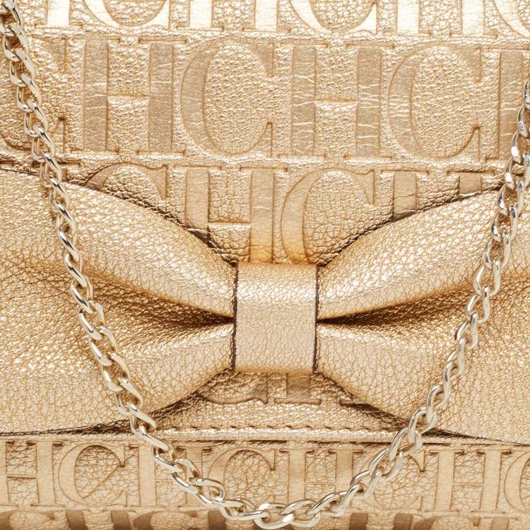 Pre Owned CH Caroline Herrera Gold Leather Bow Clutch