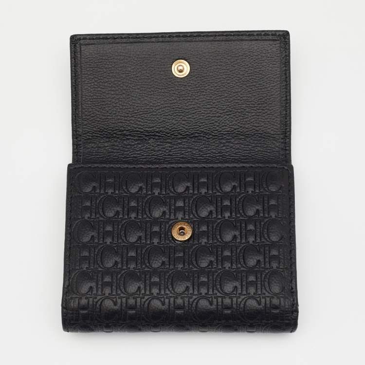 Pre Owned Carolina Herrera Black Monogram Embossed Leather French Compact Wallet