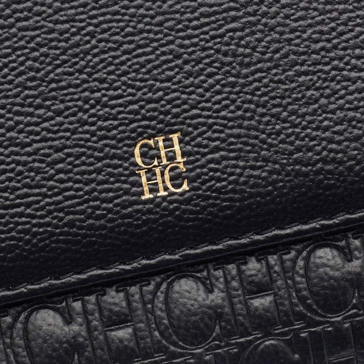 Pre Owned Carolina Herrera Black Monogram Embossed Leather French Compact Wallet