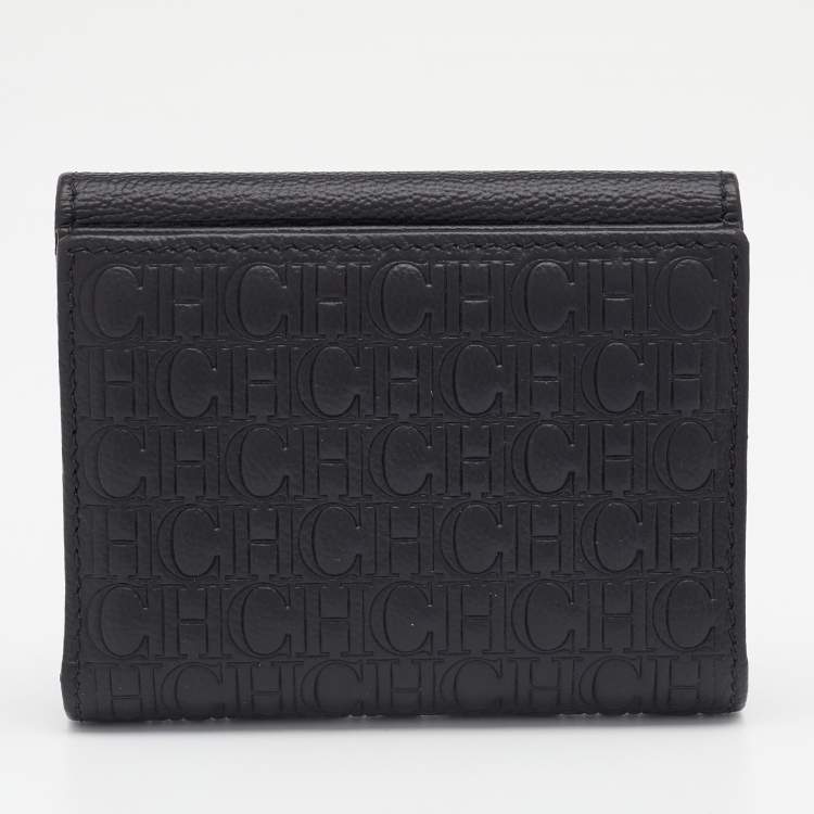 Pre Owned Carolina Herrera Black Monogram Embossed Leather French Compact Wallet