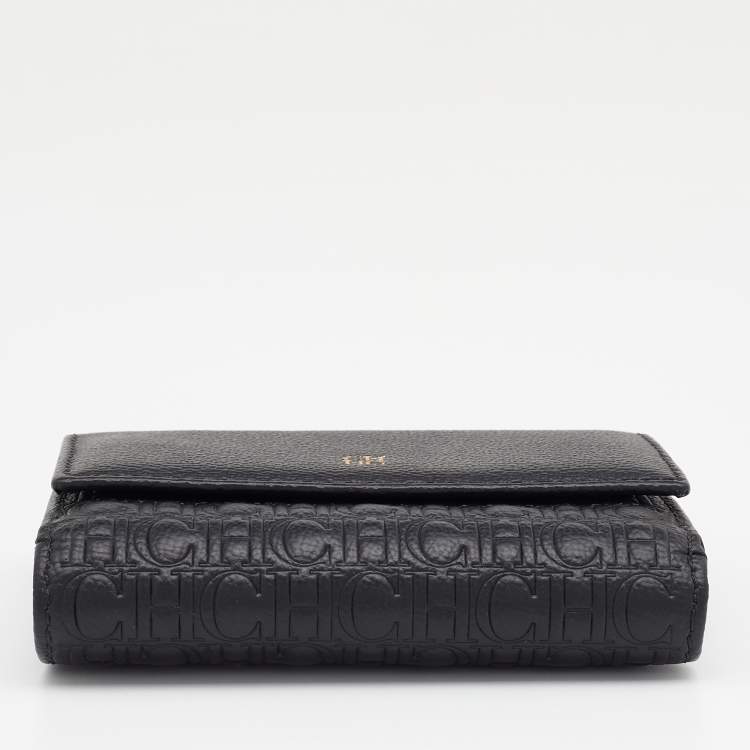 Pre Owned Carolina Herrera Black Monogram Embossed Leather French Compact Wallet