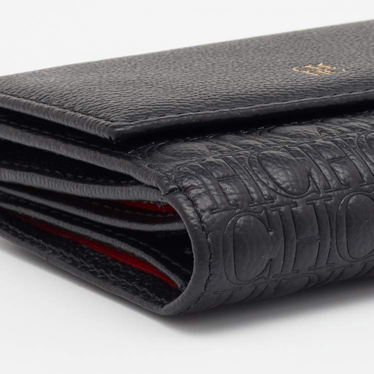 Pre Owned Carolina Herrera Black Monogram Embossed Leather French Compact Wallet