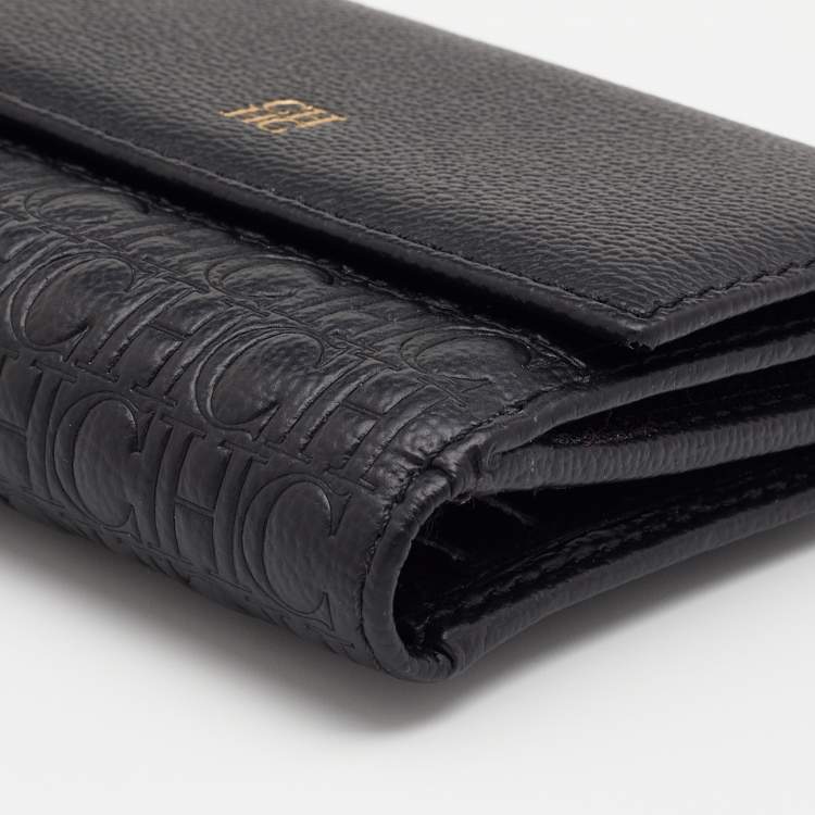 Pre Owned Carolina Herrera Black Monogram Embossed Leather French Compact Wallet