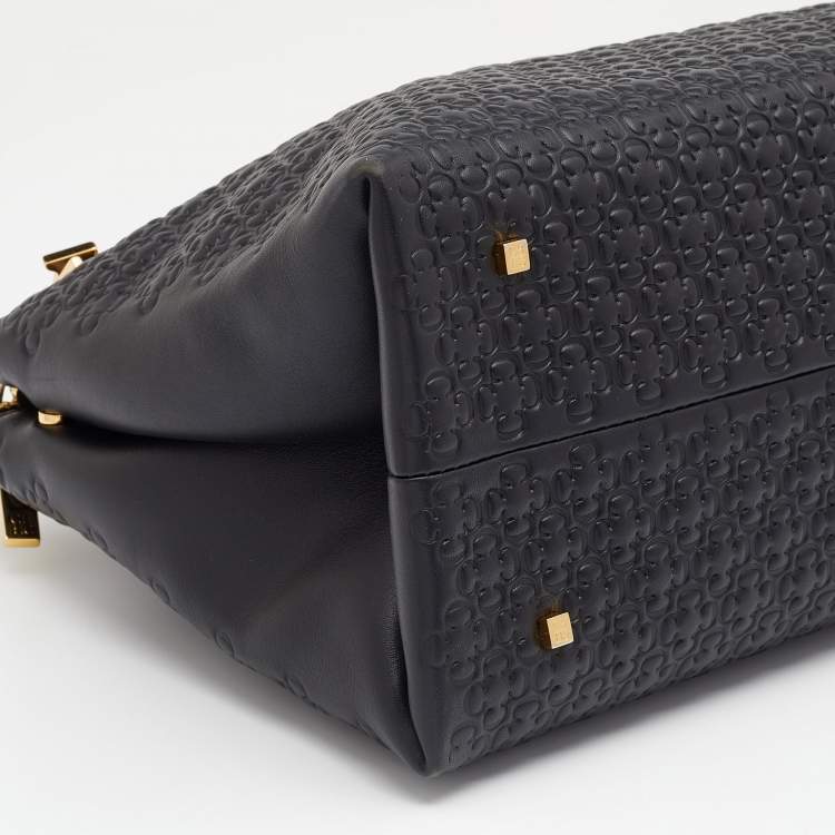 Pre Owned CH Carolina Herrera Black Embossed Leather Duchess Tote