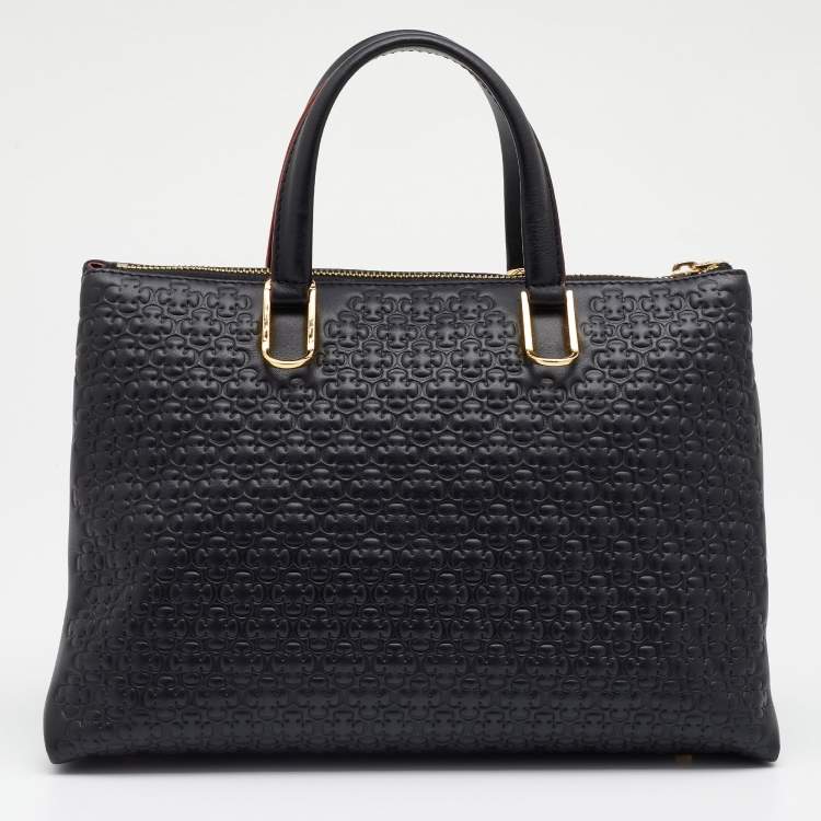 Pre Owned CH Carolina Herrera Black Embossed Leather Duchess Tote
