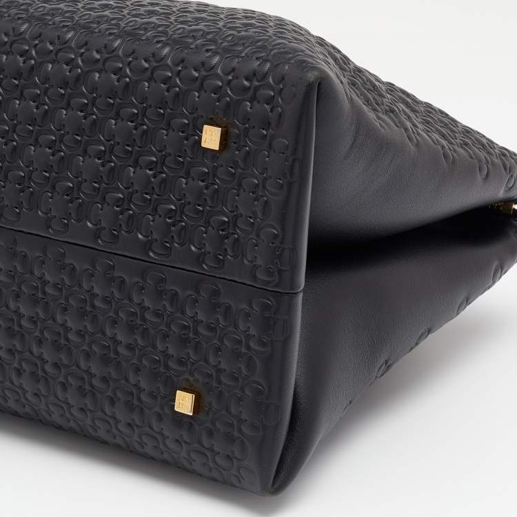 Pre Owned CH Carolina Herrera Black Embossed Leather Duchess Tote