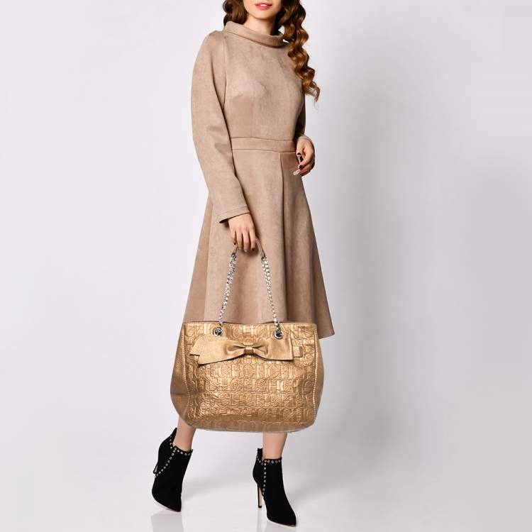 مملوكة مسبقًا CH Carolina Herrera Gold Monogram Embossed Leather Audrey Tote