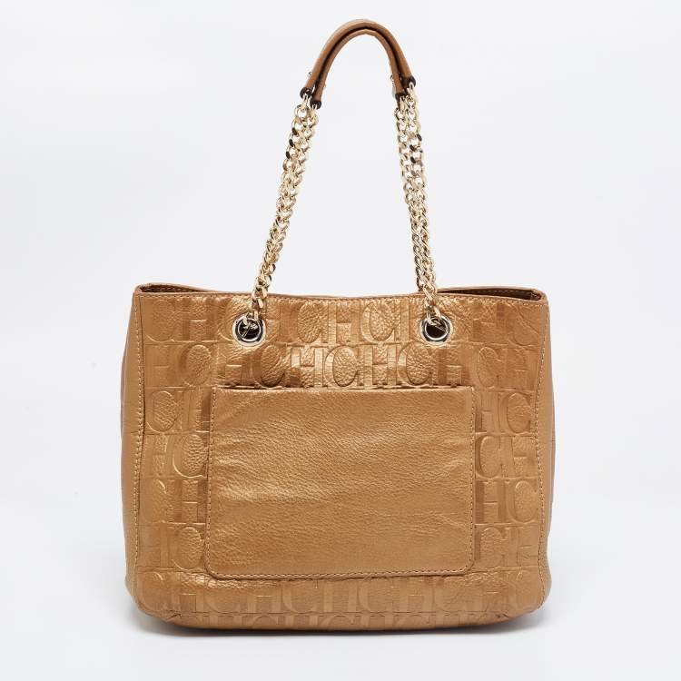 مملوكة مسبقًا CH Carolina Herrera Gold Monogram Embossed Leather Audrey Tote