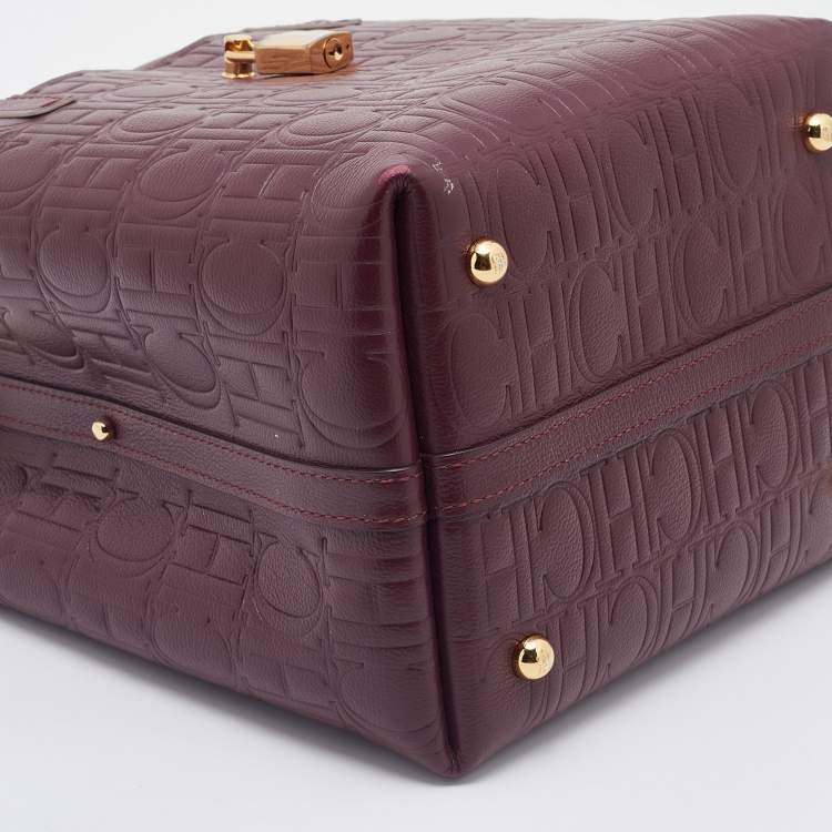 Pre Owned Carolina Herrera Burgundy Monogram Embossed Leather Small Matryoshka Locked Tote