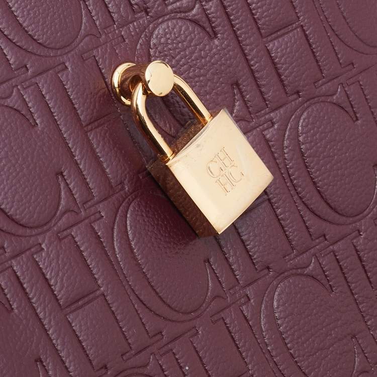 Pre Owned Carolina Herrera Burgundy Monogram Embossed Leather Small Matryoshka Locked Tote