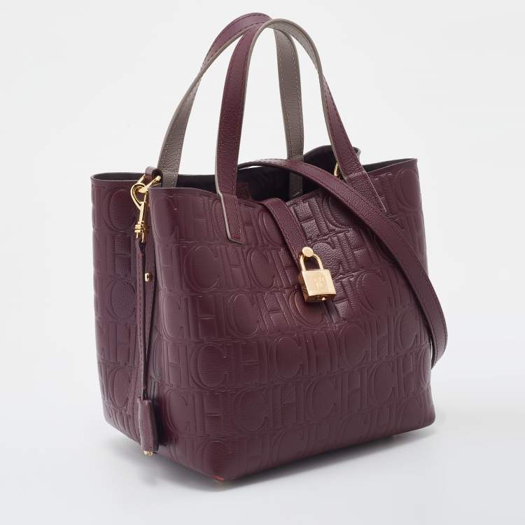 Pre Owned Carolina Herrera Burgundy Monogram Embossed Leather Small Matryoshka Locked Tote
