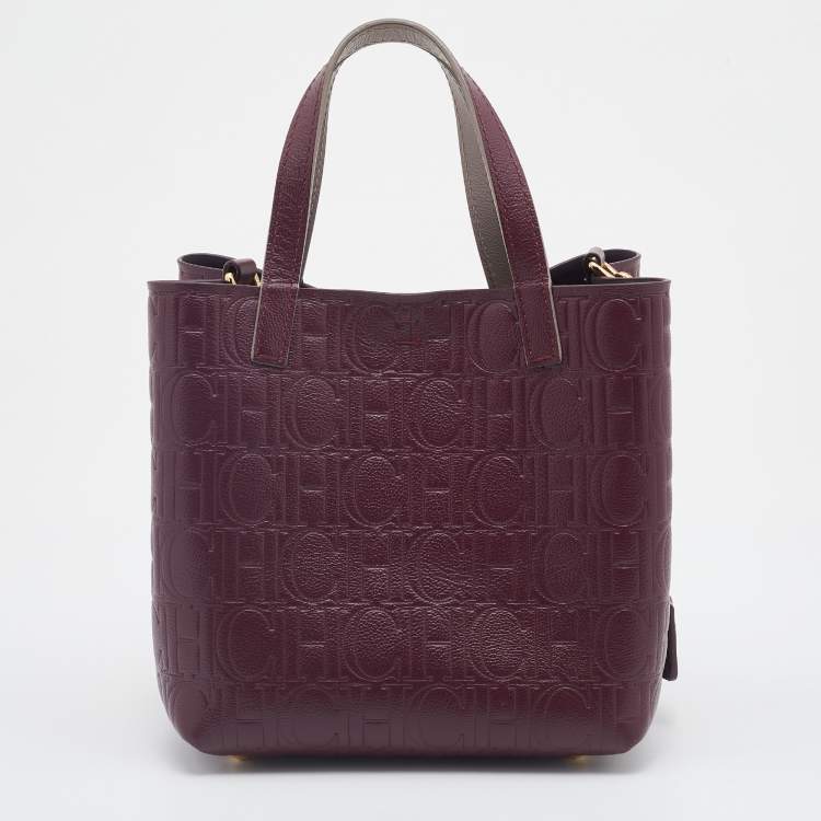 Pre Owned Carolina Herrera Burgundy Monogram Embossed Leather Small Matryoshka Locked Tote