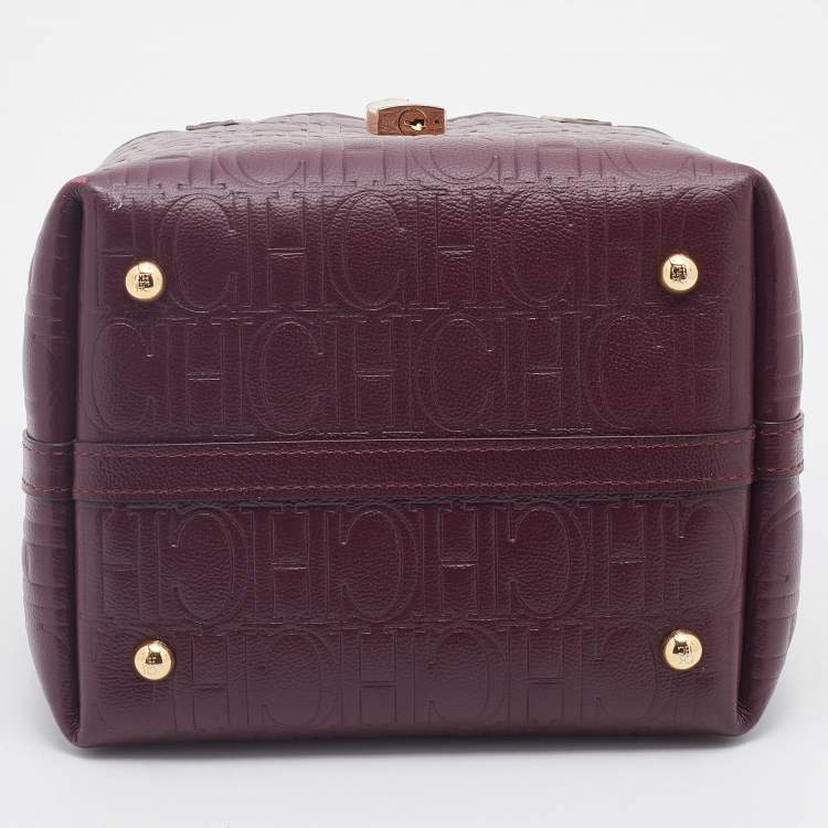 Pre Owned Carolina Herrera Burgundy Monogram Embossed Leather Small Matryoshka Locked Tote