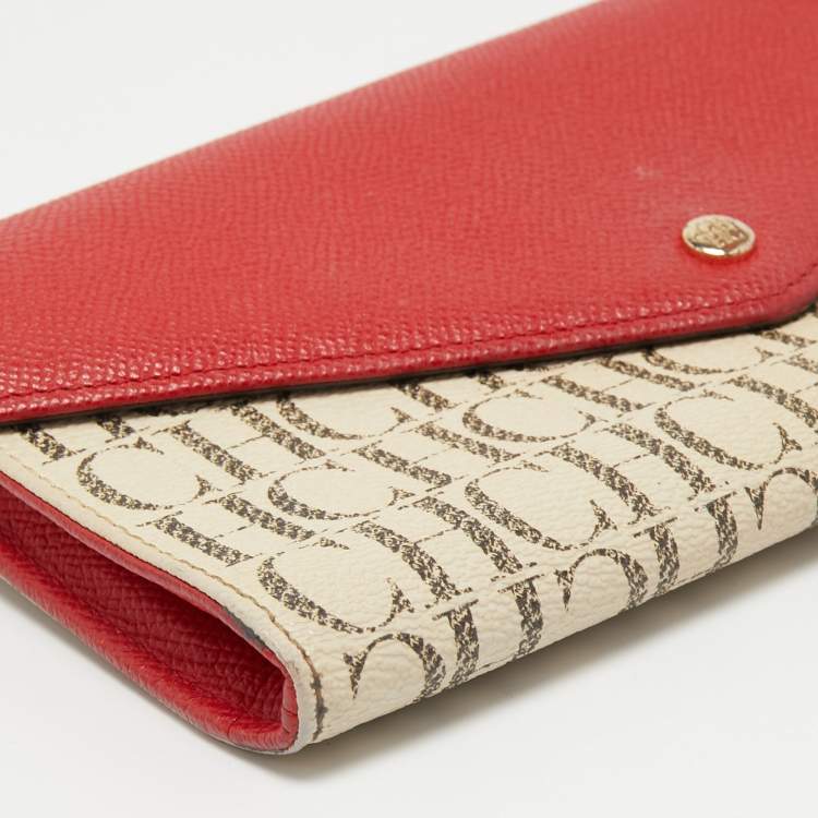 Pre Owned CH Carolina Herrera White/Red Monogram Coated Canvas and Leather Wallet On Chain