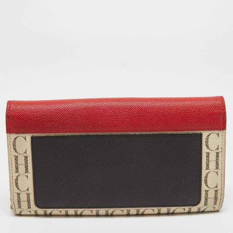 Pre Owned CH Carolina Herrera White/Red Monogram Coated Canvas and Leather Wallet On Chain