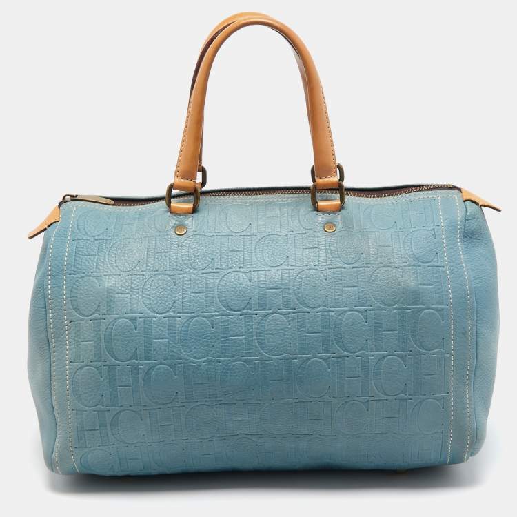 Pre Owned CH Carolina Herrera Blue Monogram Leather Andy Boston Bag