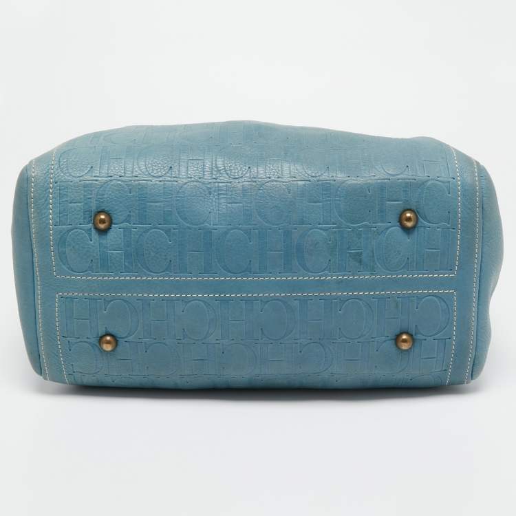 Pre Owned CH Carolina Herrera Blue Monogram Leather Andy Boston Bag