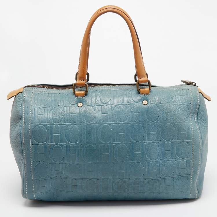 Pre Owned CH Carolina Herrera Blue Monogram Leather Andy Boston Bag