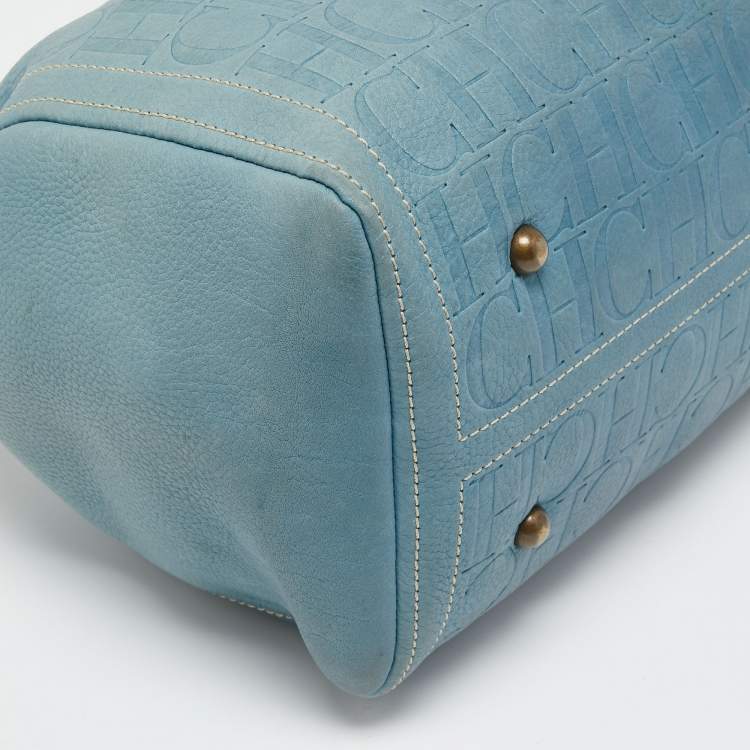Pre Owned CH Carolina Herrera Blue Monogram Leather Andy Boston Bag