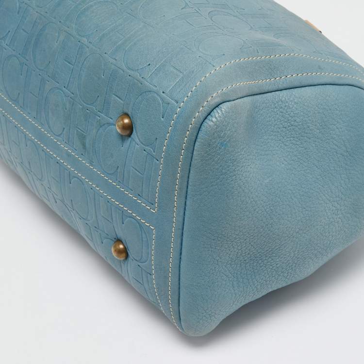 Pre Owned CH Carolina Herrera Blue Monogram Leather Andy Boston Bag