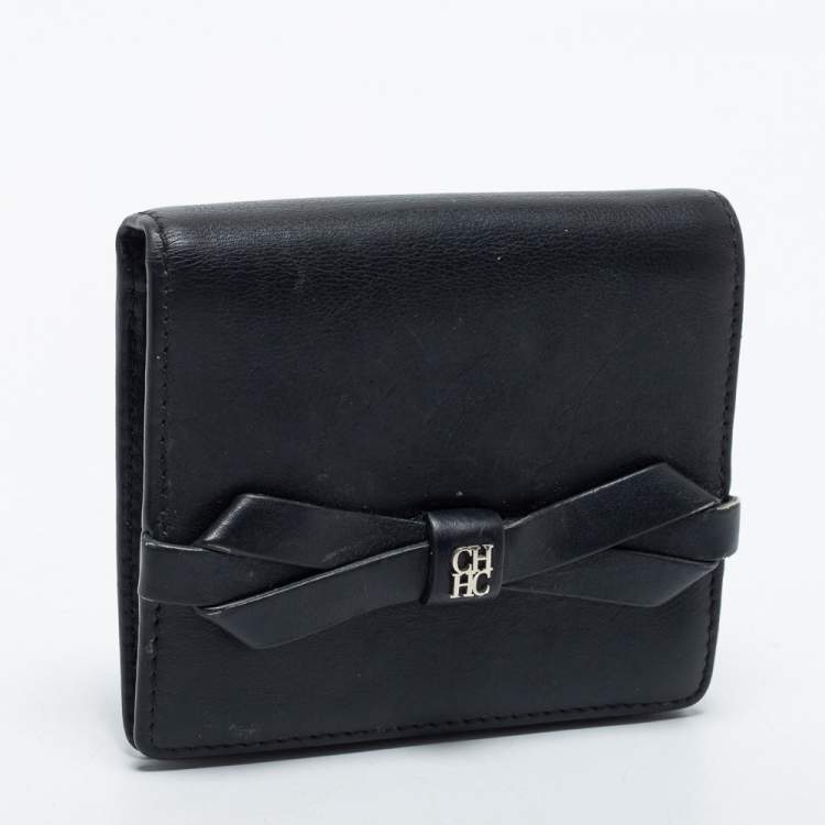 مملوكة مسبقًا CH Carolina Herrera Black Leather Bow Compact Wallet